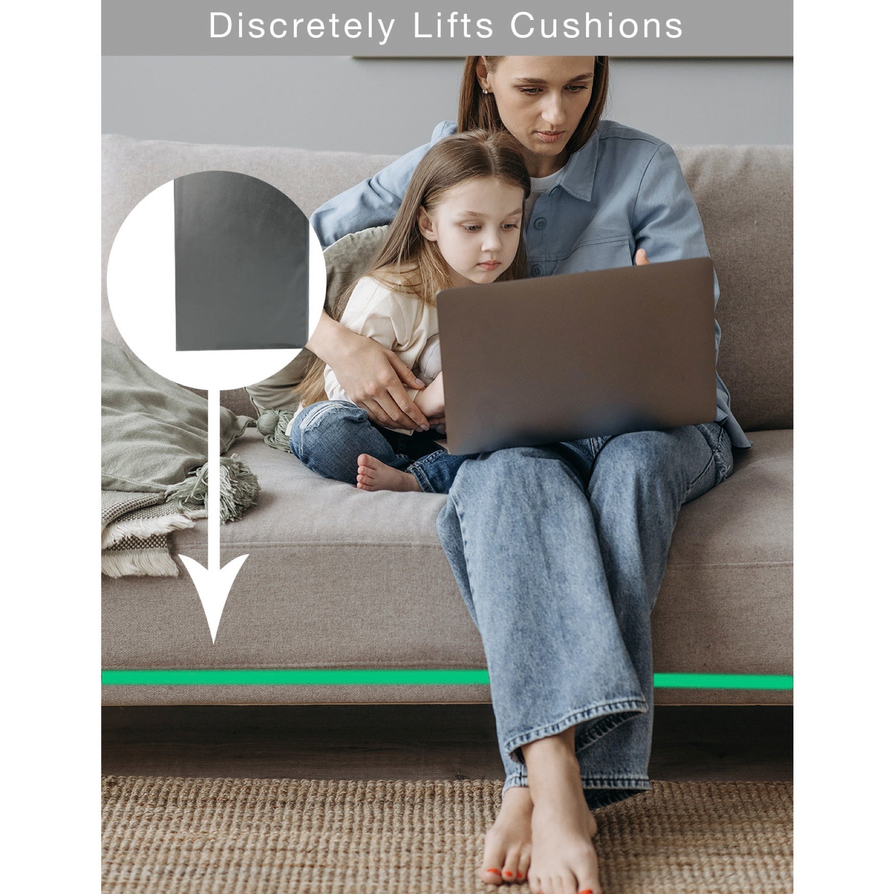 A woman and child sitting on a couch with a cushion support product shown in a magnified view.